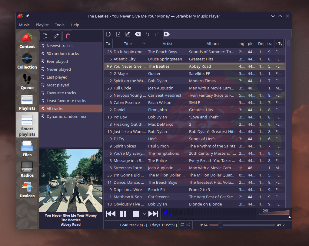 A screenshot of the Strawberry music player playing the Beatles